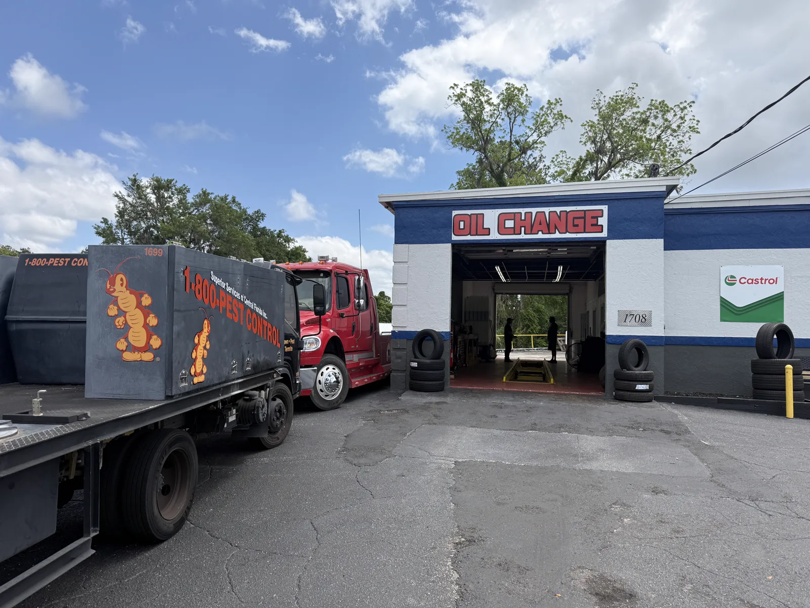Fleet flatbed truck at the Tire Express service bays in Ocala, FL