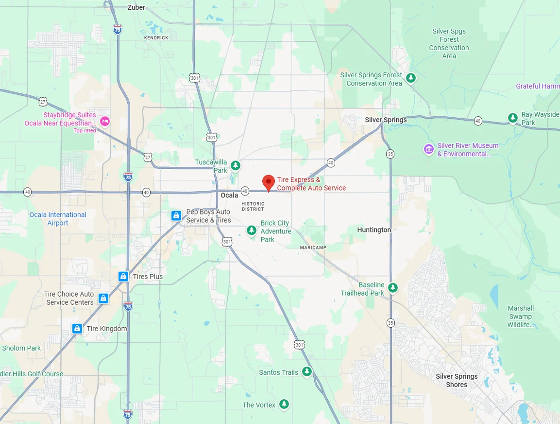 Map showing Tire Express and Complete Auto Service at 1708 E Silver Springs Blvd, Ocala, FL